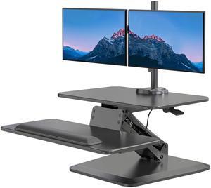 Mount-It! Standing Desk Converter, Stand Up Desk Riser with Dual Monitor Mount, Adjustable Workstation in Black, Top Platform 23" Wide, Keyboard Mouse Tray 27" Wide, Raises 5" to 17" Tall