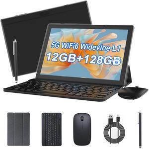 Android 13 Tablet, 10 inch 2 in 1 Tablets with Keyboard, 12GB RAM 128GB ROM 1TB Expand, Quad-Core 2.0Ghz CPU, 5G WiFi 6, BT5.0, 1280x800 HD Touchscreen, 6000mAh, Widevine L1, Google Tablet, Black