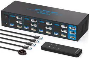 8K HDMI + 2 Displayport KVM Switch 3 Monitors 4 Computers 4K144Hz USB 3.0 KVM Switches Triple Monitor for 4 Computer Share 3 Monitor and 4 USB 3.0 Ports Support Extended/Copy Mode