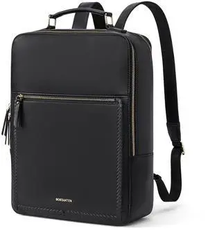 BOSTANTEN Leather Backpack 15.6 inch Laptop Bag Travel Casual Computer Backpack College Business Work Shoulder Bags with Trolley Sleeve for Women Men Black