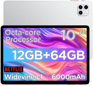 Android Tablet, 10.1 inch Android 14 Tablet, Octa-core CPU, RAM 12GB, ROM 64GB (Up to 2 TB), 800 x 1280 Resolution, WiFi 6 & Bluetooth 5.4, Dual Cameras, Dual Speakers, 6000mAh Battery, White