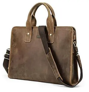 Contacts Leather Briefcase for Men 14 Inch Laptop Bag, Crazy Horse Leather Messenger Bag Brown Business Bag Satchel Shoulder Handbag
