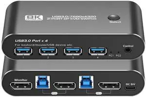 8K DP KVM Switch 1 Monitors 2 Computers, DP 1.4 Support 8K60Hz 4K144Hz 2K175Hz,2Port Displayport KVM Switch with 4 USB 3.0 Ports,Share Keyboard Mouse Printer,with 2 DP Cables, 2 USB A to B Cables