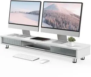 Fenge Dual Monitor Stand, 42.5inch Long Monitor Stands Riser for 2 Monitors, Sliding Door with Storage Organizer Stand for Desk, 2 Tier Desk Shelf for Laptop, Pc, Printer, Computer, TV