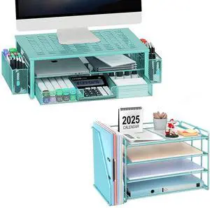 gianotter Monitor Stand with Storage + 4-Tier Paper Organizer (Blue)