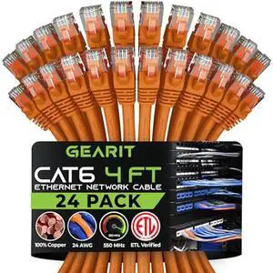 GEARit Cat 6 Ethernet Cable (24-Pack 4 Feet) Cat6 Network Patch, 10Gbps, RJ45, Snagless Cord, Gold-Plated Connectors, Internet for PC, TV, Tablet, Router, Printer, Servers, IT Data Center - Orange