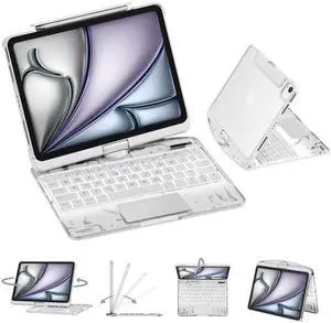 GUSGU Transparent Case with Wireless Keyboard only for 2024 iPad Pro 13-in.(M4), 7 Colors Backlight, Trackpad, 360°Rotating Stand for iPad Pro 13, Tech Style