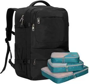 Hynes Eagle 44L Carry on Backpack Airline Approved Travel Backpack for Men Women Large Laptop Backpack 17 inch Nylon Backpack Overnight Weekender Duffel Bag Black with 3PCS Packing Cubes