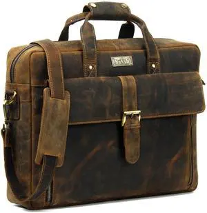 HULSH Genuine Leather briefcases for men 17 inches computer bag for mens | Laptop bag, Work bag, Satchel for Business and Office (Dark Brown)
