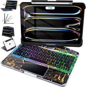 Lecsas Keyboard Case for iPad Pro 13-inch (M4, 2024), Transparent Cyberpunk Shell, 360deg Rotating Multi-Touch Trackpad, 7-Color Backlit Keyboard, Pencil Holder, Type-C Charging, Tech Circuit X