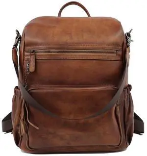 PAHVRION Laptop Backpack For Women,Genuine Leather Polished Bag,Convertible Shoulder Bag,Fashionable Tassel Design Travel Bag