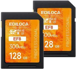 128GB UHS-II SD Card V60 Memory Cards for Professional Camera 4K/6K Video - 300MB/s Read, 100MB/s Write, Shockproof & Waterproof High-Speed Storage, U3 Class 10 (EF8 2PCS)