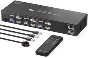 PVBCTCSID HDMI Displayport KVM Switch 2 Monitors 3 Computers 4K60Hz for 3 PC Sharing Dual Monitor and 4 USB 3.0 Port with Controller