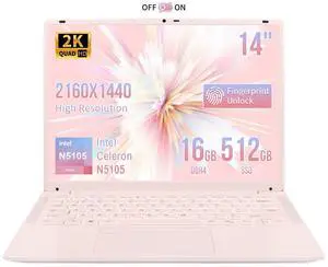 BINHENGLON 14.1 Inch Portable Laptop,Celeron N5105 Processor,16GB,(2160 x 1440) IPS,Fingerprint Unlock,Backlit keyboard, Push-pull camera,Win 11,Type-C,USB3.0*3,HDMI*1,WiFi /BT 5.0(Pink,16G+512GB SSD)