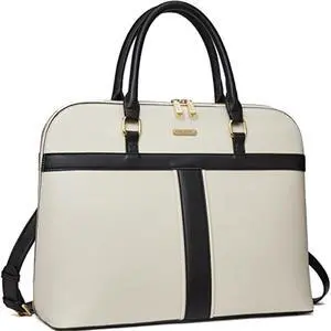 Telena Laptop Tote Bag for Women Computer Work Large Capacity Leather Briefcase Shoulder Beige with Black