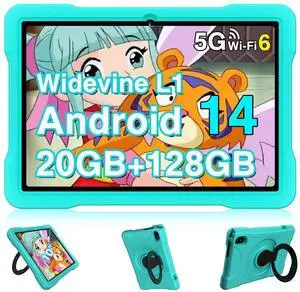 UJJ Kids Tablet Android 14, 10.1 inch Tablet for Kids, 20GB+128GB/1TB Expandable, Android Tablets with WiFi 6, Octa-Core, Parental Control, BT5.0, 360deg EVA Case - Green