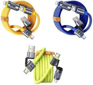 Vexipia 3 Pack 4-in-1 5FT 60W USB C Cable Lightning Cable (Yellow+Green +Blue)