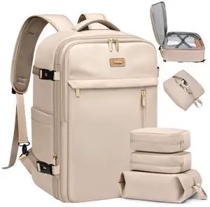 VNINE Travel Backpack for Women Men 40L Expandable Carry on Backpack for Airplanes with 3 Packing Cubes Large Traveling Bookbag 17" Laptop Suitcase Bag Beige