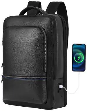 Wesccimo Full Grain Genuine Leather Backpack for Men Multi-Functional 15.6" Laptop Backpack with USB Charging, Black Business Travel Backpack Work Rucksack Daypack