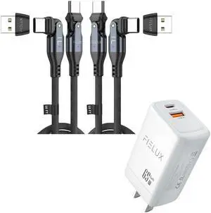 FIELUX 240W USB C to USB C Cable [2 Pack 10FT/10FT + USB A Adapter] + 65W Dual Port USB A & USB C Wall Charger (White)