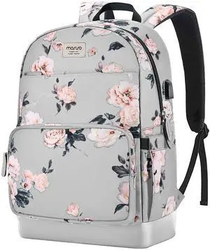 MOSISO 15.6-16 inch Laptop Backpack for Women, Polyester Anti-Theft Stylish Casual Daypack Bag with Luggage Strap & USB Charging Port, Camellia Travel Backpack, Grey