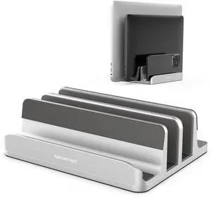 AboveTEK Vertical Laptop Stand, 3 Slots Aluminum Desk Laptop Holder & Laptop Docking Station Stand for MacBook, Tablet, Phone - Universal Fit (Up to 17.3") - Heavy Duty Polished, Anti Slide - Silver