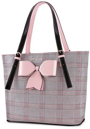 MOSISO Laptop Bag for Women Compatible with MacBook Air 15 inch M2 A2941 2023/Pro 16 inch M3 M2 M1 2023-2019, PU Leather Large Capacity Travel Briefcase with Bowknot Grid MO-GID001GYPK
