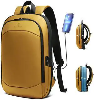hk Business Backpack for Men 17 Inch,Slim & Expandable Waterproof Travel Laptop Backpack with USB Charger Port (Yellow)