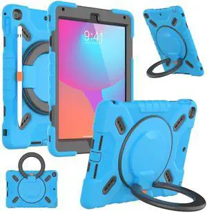 PEPKOO Triple Shockproof Case for iPad 5th/6th Generation 9.7 inch 2017 2018 and iPad Air 2 Gen, Heavy Duty Kid Boy Girl Cover with Pencil Holder/Handle Kickstand/Shoulder Strap, Blue