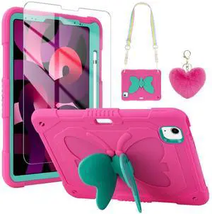 WESADN for iPad Air 5th Generation Case iPad Pro 11 Inch Case 4th/3rd/2nd/1st with Screen Protector/Butterfly Kickstand/Strap/Keychain/Pencil Holder for Kids Girls Cases for iPad Air 4 Rose Red