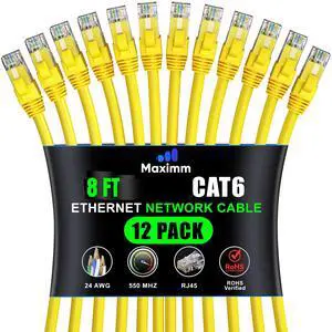 Maximm Cat 6 Ethernet Cable 8 Ft, (12-Pack) Cat6 Cable, LAN Cable, Internet Cable and Network Cable - UTP (Yellow), 8 Feet