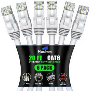 Maximm Cat 6 Ethernet Cable 20 ft (6-Pack) - High-Speed LAN Cable, Internet Cable, Patch Cable, and Network Cable - UTP, 10Gbps, 550MHz Ethernet Cord - White