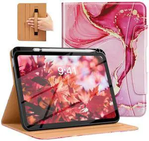 MoKo for New iPad (A16) 11th Generation Case 11-inch 2025, iPad 10th Generation Case 10.9" 2022 with Pencil Holder & Pocket, Premium Leather Folio Stand Cover, Multiple Viewing Angles,Pink Gold Marble