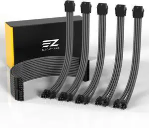 EZDIY-FAB PSU Cable Extension Sleeved Custom Mod GPU PC Power Supply Soft Nylon Braided with Comb Kit 24PIN/3x 8PIN to 6+2Pin/ 2X 8PIN to 4+4PIN-300MM/11.8in -Carbon