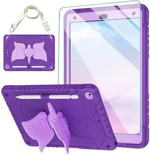 ACEMO for iPad 9th 8th 7th Generation Case 10.2 inch with Screen Protector, Butterfly Kickstand, Shoulder Strap, Pencil Holder Cute Rugged Cover for Kids Girls for iPad 2021 2020 2019 Purple