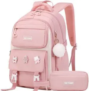 AO ALI VICTORY Backpack for Girls Set with Pencil Case 15.6 Inch Laptop School Bag Cute Kids Elementary College Backpacks Large Bookbags for Women Teens Students Anti Theft Travel Daypack - Pink