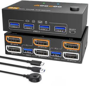 KVM Switch 2 Monitors 2 Computers 8K@30Hz/4K144Hz,DP1 USB3.0 Dual Monitors KVM Switches with 4 USB 3.0 Port,Wired Remote,USB3.0 Cables Included(8K 2 PC 2 Monitor KVM)
