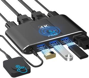 4K@60Hz HDMI Kvm Switch 1 Monitors 2 Computers, Sharing USB Devices with 3 USB 3.0 Ports, Supports Wired Remote and Button Control, EDID Compatible, Suitable for Laptop/Desktop