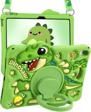 Boaretiu for iPad 10th Generation Case 2022 10.9 Inch/for iPad (A16) 11th Generation 11 Inch 2025 - for Girls Teens Soft Silicone Cute with Shoulder Strap & Rotating Stand, Green Dinosaur