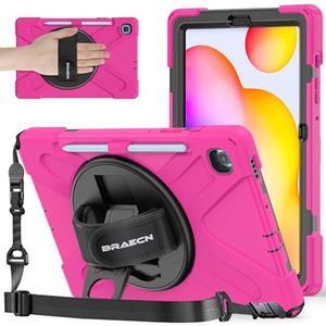 BRAECNstock for Samsung Galaxy Tab S6 Lite Case 10.4 inch 2024/2022/2020 (SM-P620/P610/P615/P619) Shockproof Protective Tab S6 Lite Case Kids with Pencil Holder Rotating Stand & Hand Strap - Rose Red