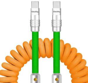 chubbycable Curly Chubby - 240W Coiled USB C Cable Spring Retractable Fast Charging Cable for Car Compatible with CarPlay, Android Auto, Orange+Green, Type-C to Type-C, 2.29FT-3.6FT