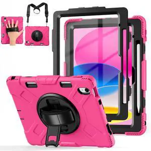 Cousper for iPad A16 11th/10th Generation Case 11/10.9 Inch 2025/2022 with Screen Protector, 360degRotating Stand, Handle, Adjustable Strap, for iPad Shockproof Cover 10 Gen with Pencil Holder, Rose