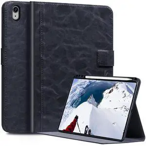 CPNVWA Genuine Leather ipad Case for iPad 10th Gen Case 10.9 Inch 2022 with Pencil Holder,Protective Shockproof Smart Folio Cover Adjustable Stand - Auto Wake/Sleep and Multiple View Angles, Black