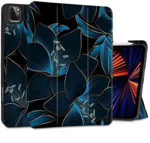 DONGKE Case for iPad Pro 12.9 inch 6th Generation 2022, Built-in Pencil Holder + Trifold Stand + Auto Wake/Sleep + Protective Cover for iPad Pro 12.9 5th/4th/3rd Gen - Blue Lilies