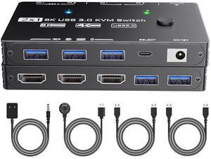 8K KVM Switch 1 Monitor 2 Computers 2 Port HDMI 2.1 USB 3.0 KVM Switches 2 in 1 Out Video Keyboard Mouse Switch Support 8K@60Hz/4K@120Hz with Wired Remote