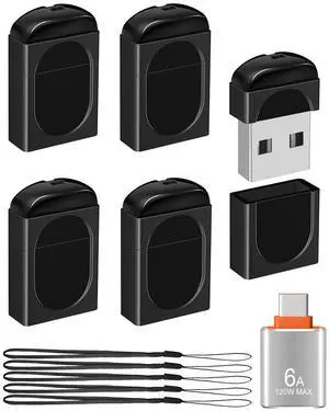 EASTBULL 64GB Small Flash Drives 5 Pack USB2.0 Mini USB Drive with a USB-C Adapter, FAT32 Mini Thumb Drive 64 GB 5 Pack for Data Storage (Black, 1 Adapter, Lanyards)