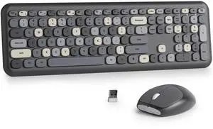 Fogruaden Quiet Wireless Keyboard and Mouse Combo, 2.4GHz Retro Cute Typewriter Full-Size Colorful Black Keyboard, Slim Design, Low-Noise Typing for Home, Office, Windows PC, Laptop