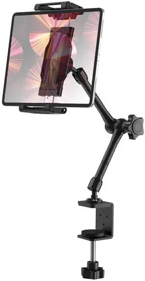 FreeSave Cabinet Tablet Holder for Kitchen/Wardrobe, 360deg Metal Foldable Adjustable Arm Desk Tablet Mount, Clamp Stand for iPad Pro 13 Air Mini, 6.1-15.6" Devices and Thickness Cases [Up to 1.18"]
