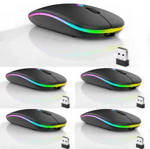 Guiheng 5 Pack Wireless Bluetooth Mouse,LED Dual Mode Rechargeable Silent Slim Laptop Mouse,Portable(BT5.2+USB Receiver) Dual Mode Computer Mice,for Laptop,Desktop Computer,Tablet,Phone,TV (Black)