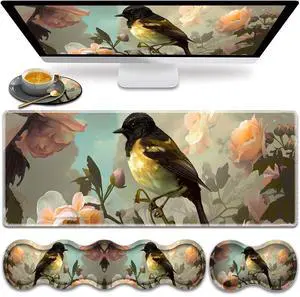 Large Gaming Mouse Pad, Keyboard Wrist Rest Pad + Mouse Wrist Pad + Coaster 4 in 1 Set, Extended Waterproof Non-Slip Desk Mat, Suitable for Office Home Learning Games, Cute Bird